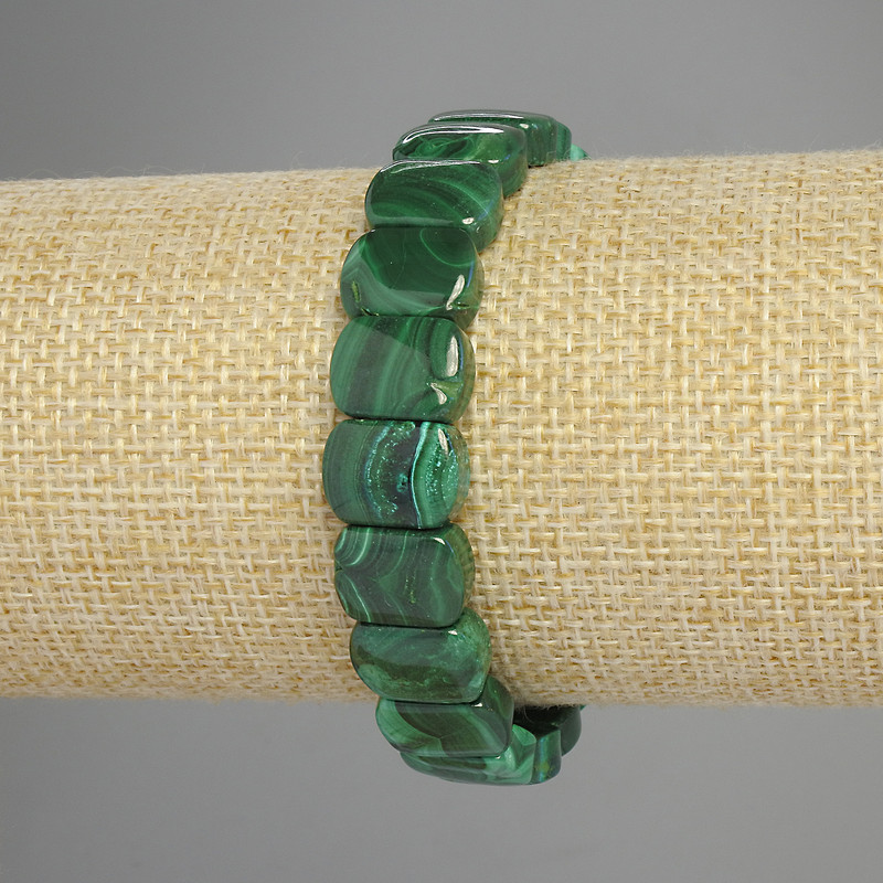 Malachite bracelet, natural stone, rounded link, diameter 12×8.5 mm, length 18 cm, stretch
