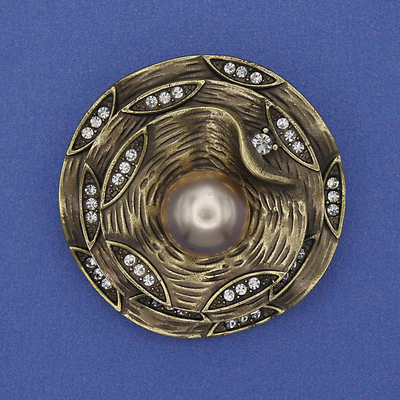 Brooch Accent Beige Pearl with White Crystals Bronze Color 40mm+