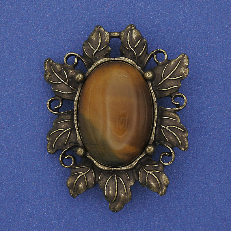 Tiger's Eye Brooch Pendant, Bronze Metal Color, 36x45mm+