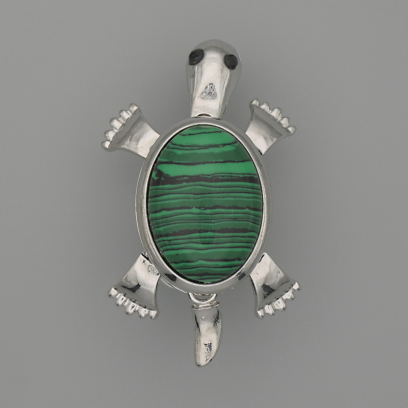 Turtle Malachite Brooch-Pendant, 52x35 mm, with Moving Parts, Silver-Colored Metal