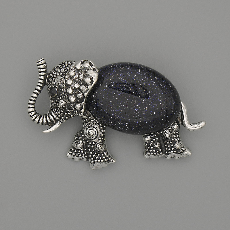 Elephant Brooch-Pendant with Aventurine Night of Cairo 45x27mm ± black accents, silver-tone metal