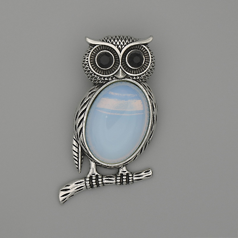 Owl Brooch-Pendant with Moonstone 45x25 mm ± Black Marcasites, Silver-Tone Metal