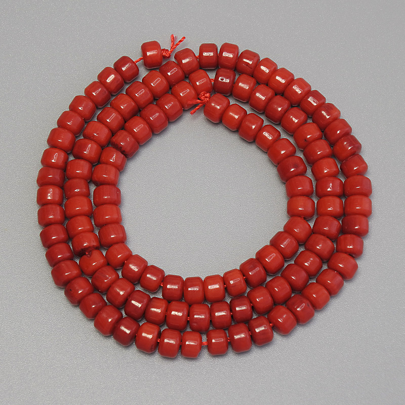 Red coral rondelle beads, diameter 5×3.5 mm, on a thread, length 40 cm+