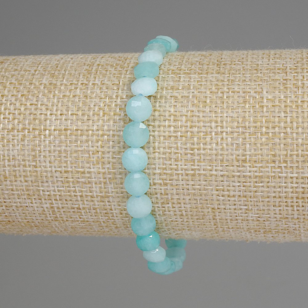 Aquamarine Bracelet with Faceted Coin Beads, 6 mm Diameter, 18 cm Length, Stretch