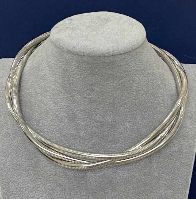 Triple Necklace - silver-tone metal choker with extender chain