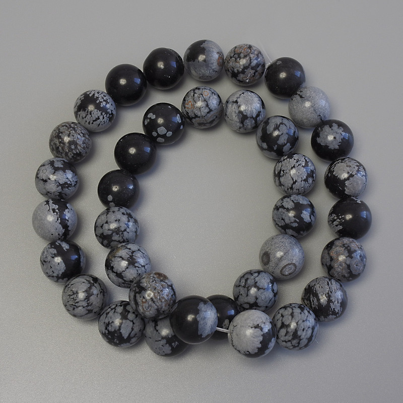 Snowflake Obsidian Beads on Thread, Smooth Round Beads, Diameter 11 mm ±, Length 38 cm ±