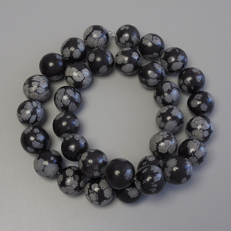 Snowflake Obsidian Beads on Thread, Smooth Round Beads, Diameter 12mm ±, Length 38cm ±