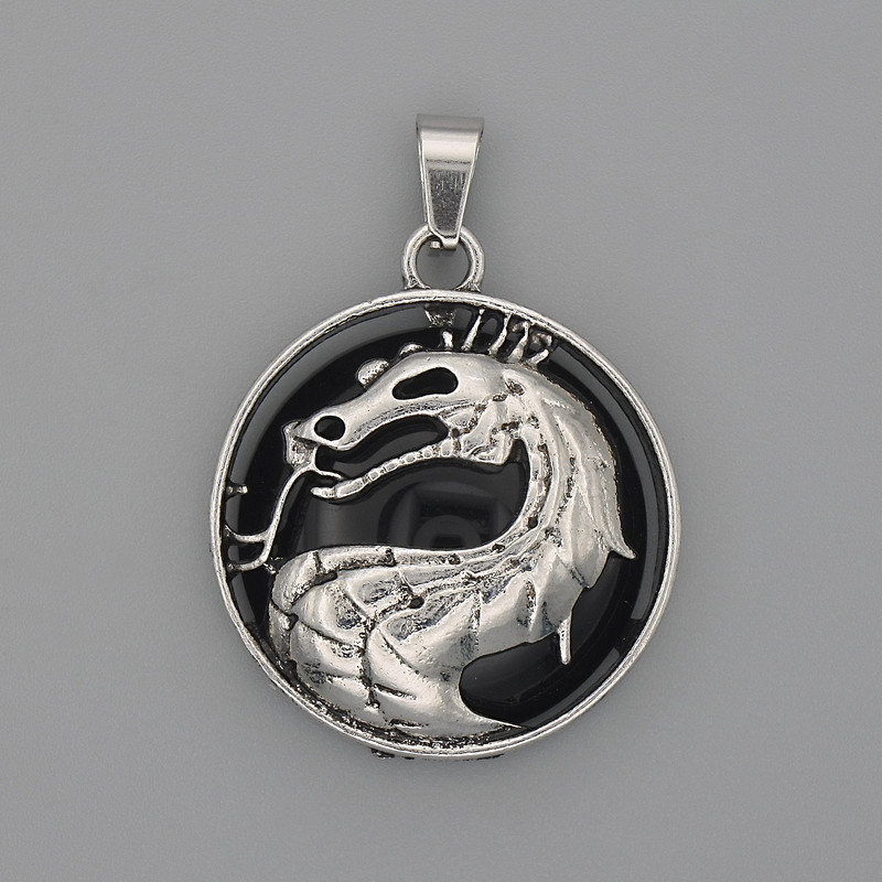 Pendant 'Dragon in a Circle' with Agate, diameter about 28 mm, length about 38 mm, silver-colored metal