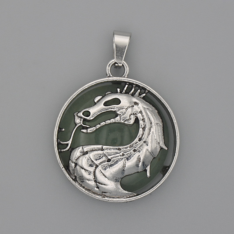 Pendant 'Dragon in a Circle' with Jade, diameter 28mm±, length 38mm±, silver-toned metal