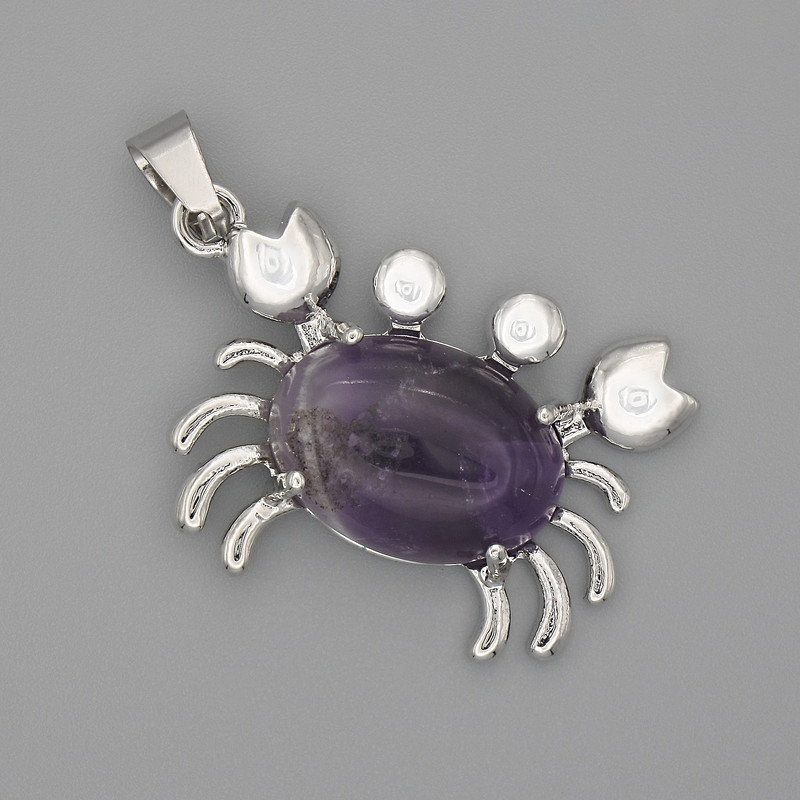 Crab Pendant with Amethyst 40×22 mm ± Silver-tone Metal