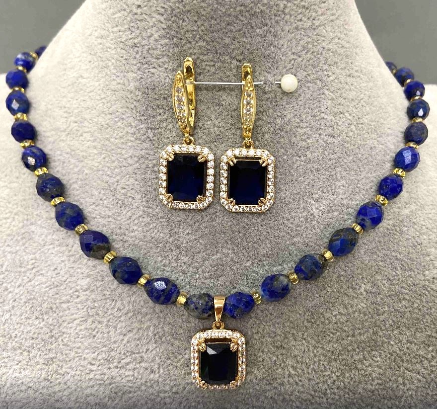 Lapis Lazuli Choker Set with faceted beads 8x6 mm, length 41 cm, with a 5 cm extender chain, earrings 35x13 mm, blue crystal