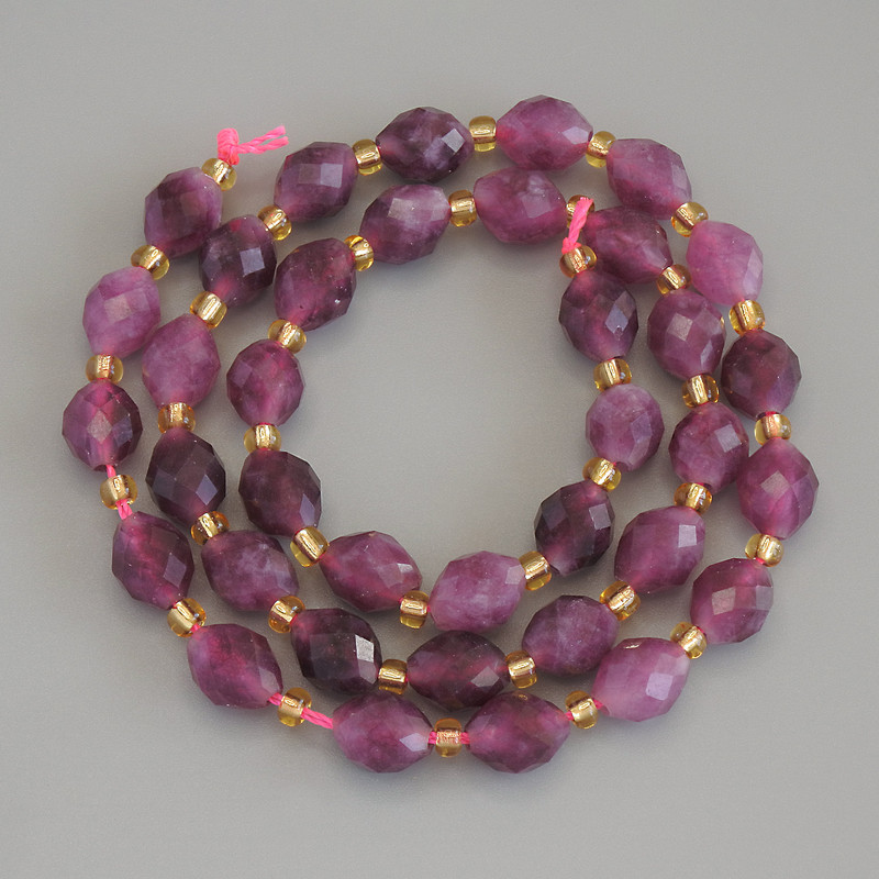 Tourmaline Rubellite Beads, Faceted Grain, Diameter 8x6.5 mm, 5 mm +/- seed beads 3 mm +/- on thread, length 38 cm+