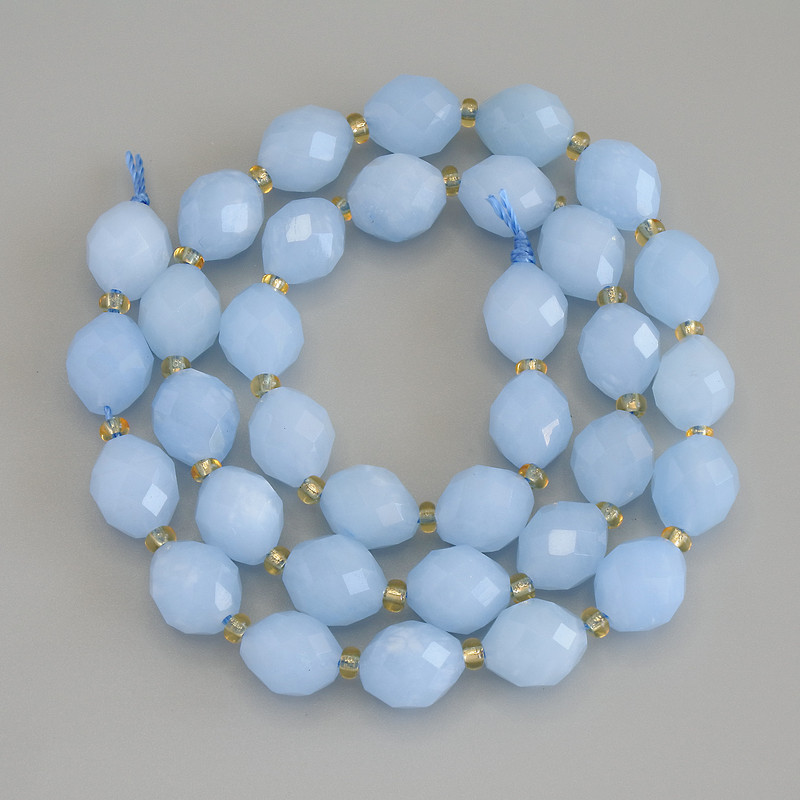 Aquamarine Beads, Faceted 10×8 mm ± 3 mm seed beads on thread, length 38 cm