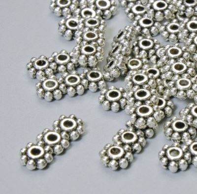 Spacer bead for three strands, size 15x6 mm, 5 mm ±, hole diameter 2 mm, silver metal color, 22 pcs
