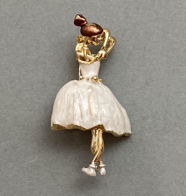 Brooch Ballerina white enamel gold-tone metal 45x24mm+