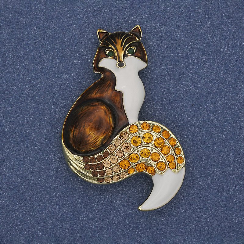 Brooch Pendant Fox enamel with crystals 54×35mm