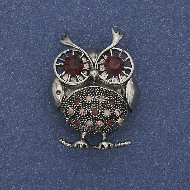 Owl Brooch-Pendant with Pink and Purple Crystals, Silver-Tone Metal 38x28mm+