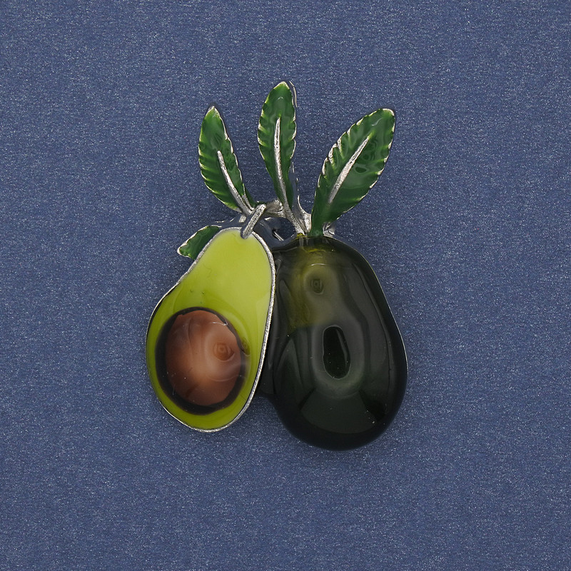 Avocado Brooch-Pendant with Colored Enamel, Silver-Colored Metal 39x27mm+