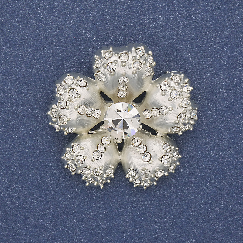 Flower Brooch with White Rhinestones, Pearl-White Color, Silver-Tone Metal, 33mm+