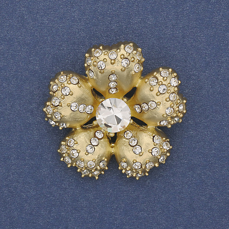 Flower Brooch with White Crystals on Gold-Tone Metal 33mm+