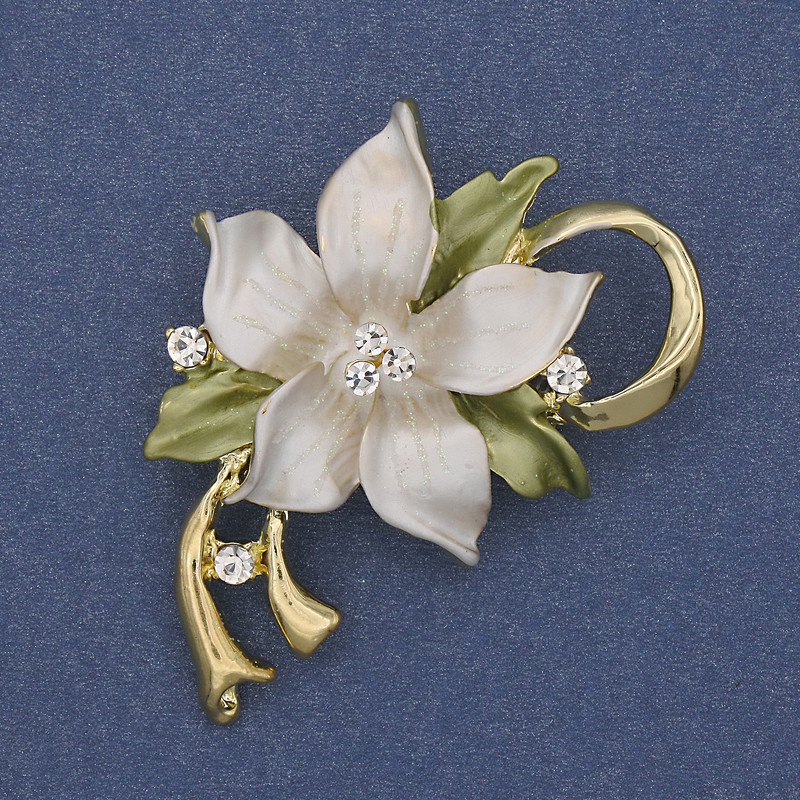 Flower Brooch-Pendant White and Green Enamel Crystals Gold-Toned Metal 50×42 mm+