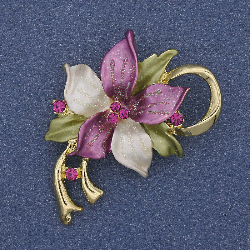 Flower Brooch-Pendant with Colorful Enamel and Crystals, Gold-Tone Metal, 50x42mm+