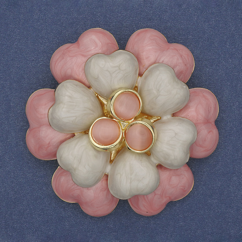 Flower Brooch with pink and beige enamel beads Cat's Eye, gold-tone metal 61mm+