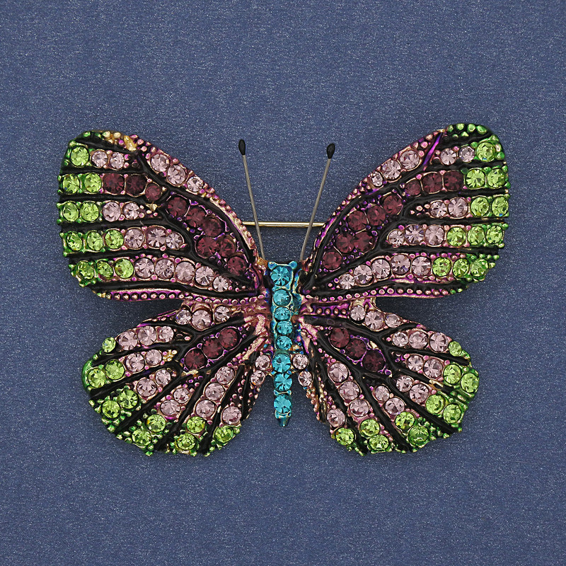 Butterfly brooch pendant with colorful rhinestones, gold-tone metal, 50x39mm+