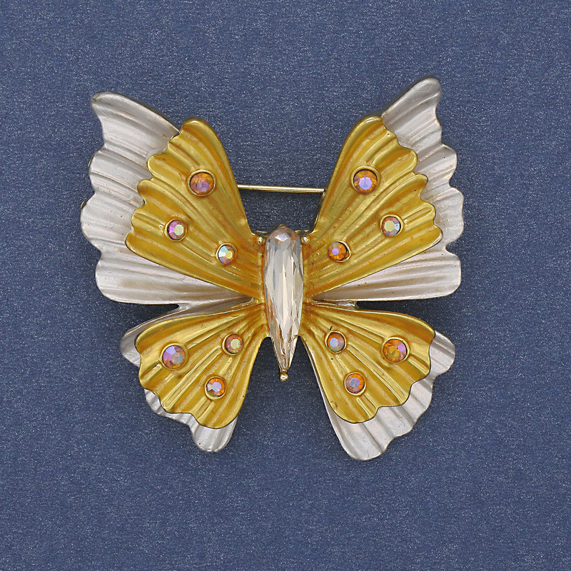 Butterfly brooch pendant, white and yellow enamel, iridescent crystals, gold-tone metal 39x42mm+