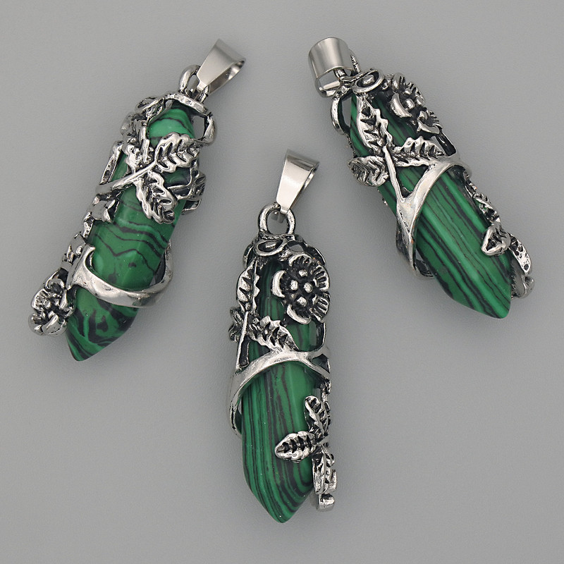 Malachite Hexagonal Pendant with Flower 35x15 mm, length 44 mm