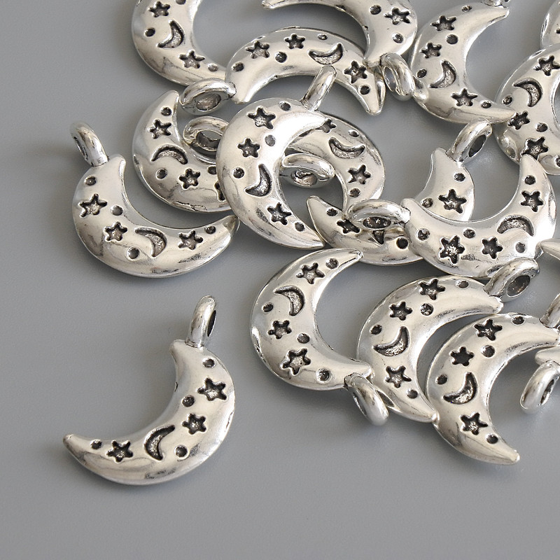 Moon pendant, silver-tone metal, diameter 19x10 mm, pack of 18