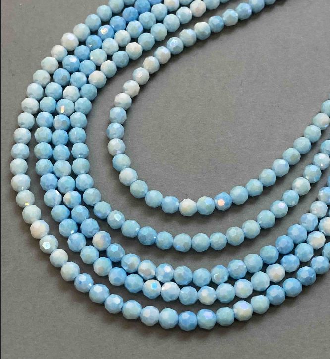 Beads Czech Crystal blue multicolor with petrol coating on thread, faceted bead, diameter 6 mm, length 38 cm +