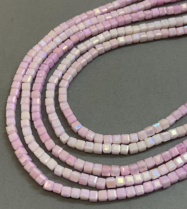 Beads Czech Crystal Pink Multicolor with Petrol Finish on Thread, Faceted Cube, Diameter 4x4 mm + -, Length 38 cm +