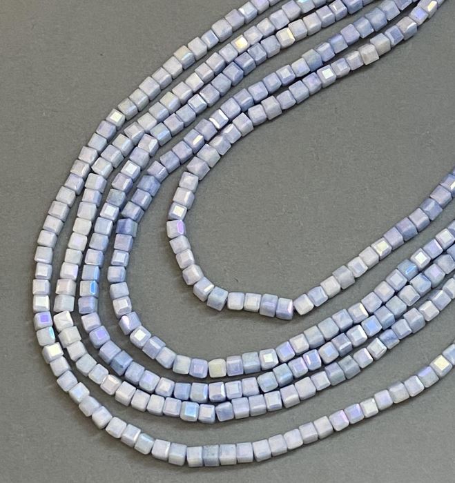 Blue Czech Crystal Beads with Gasoline Tint on Thread, Faceted Cube, 4×4 mm Diameter, 38 cm Length