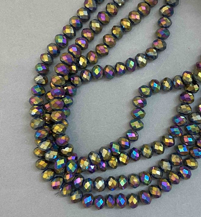Czech Crystal Beads on Beading Thread Multicolor with Gasoline Finish, Faceted Rondelle, diameter 8x6 mm + -, length 39 cm +
