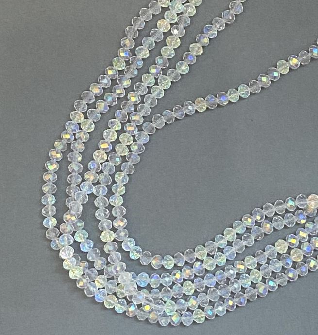 Beads Czech Crystal on thread, white transparent with gasoline-coated finish, faceted rondelle, diameter 6x5 mm, length 39 cm +/-