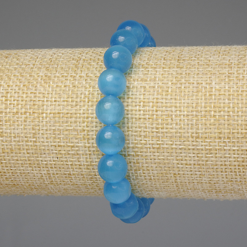 Bracelet 'Azure Cat's Eye' with smooth 10mm beads, 18 cm stretch