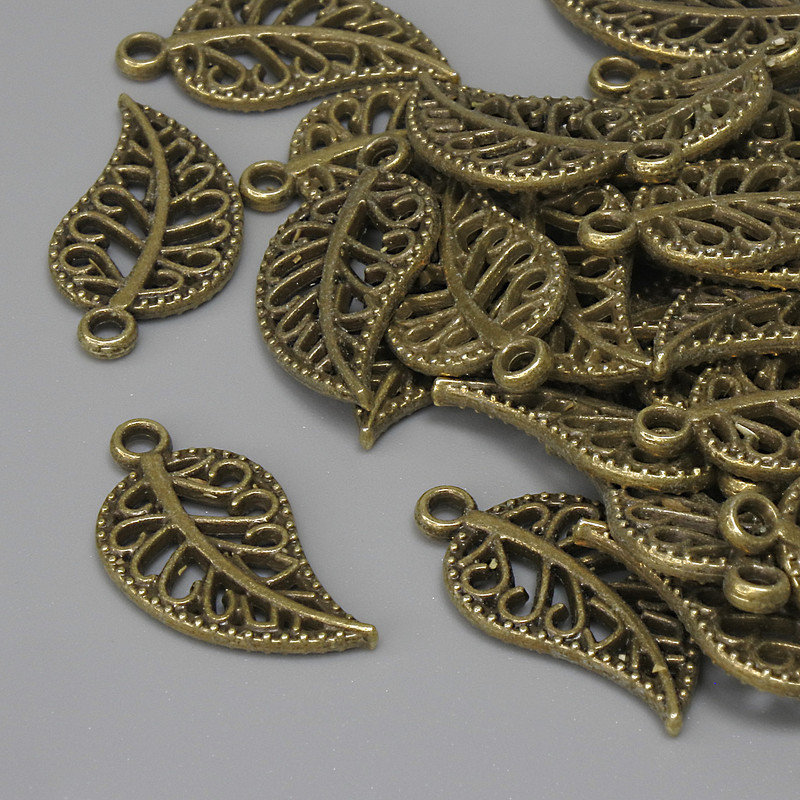 Leaf Pendant, bronze metal color, diameter 18×10 mm, ear hole 1.5 mm, packaging 27 pcs