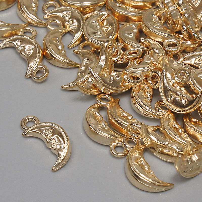 Moon Pendant in Gold-Tone Metal, 13x6 mm diameter, bail hole 1.7 mm, packaging 46 pcs