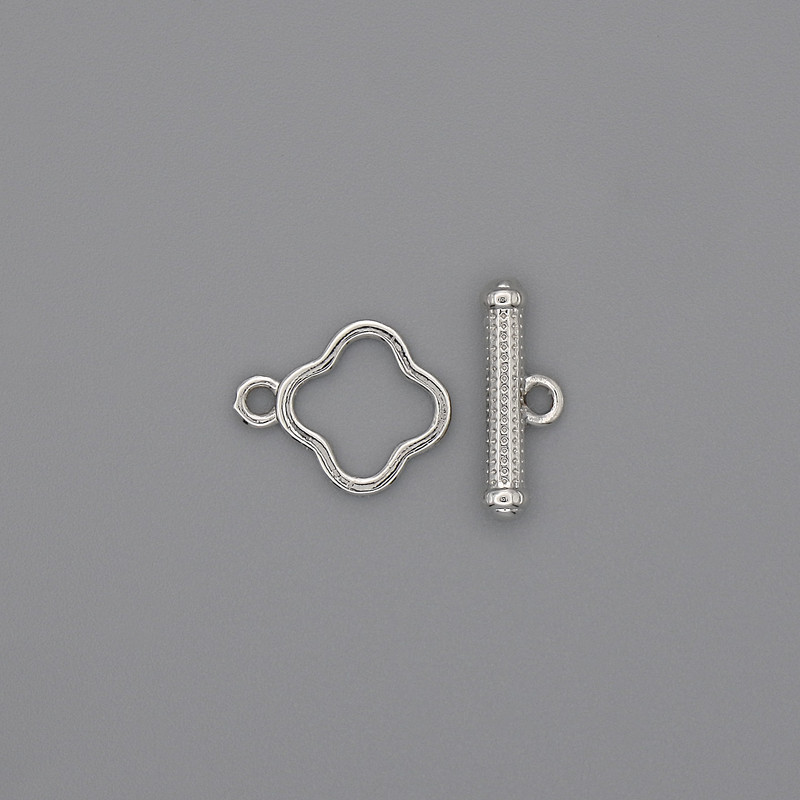 Toggle clasp hardware, Clover-shaped, 14×3 mm ±, 10 mm diameter ±, hole diameter 8 mm ±, silver-colored metal