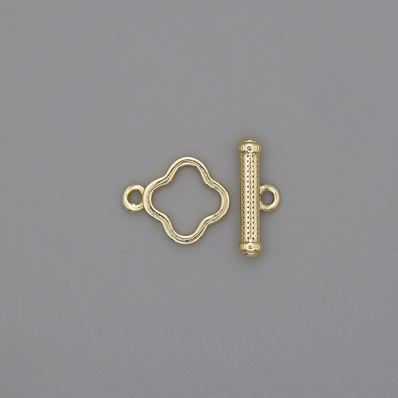 Toggle Clasp - Clover-Shaped, Gold-Tone Metal, 14x3 mm ±, 10 mm diameter ±, Hole Ø 8 mm ±