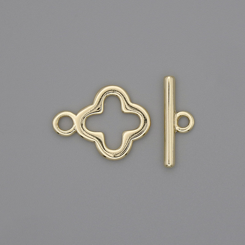 Toggle clasp hardware, Clover-shaped, 17x2 mm +/-, 14 mm diameter +/-, hole diameter 10 mm +/-, gold-tone metal