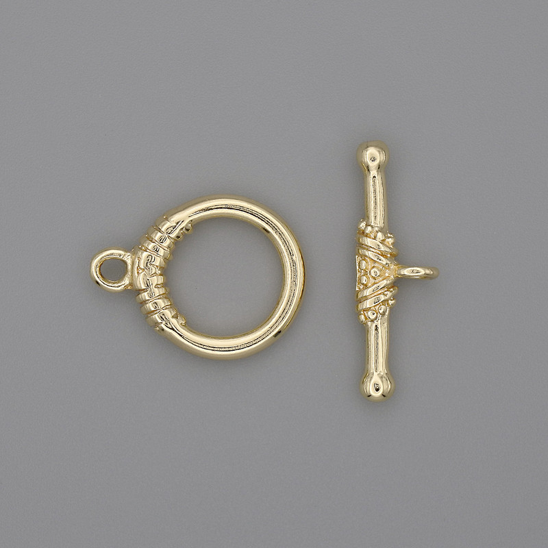 Toggle clasp hardware, gold-tone metal, 23×3.5 mm ring, 14 mm diameter, 10 mm hole diameter