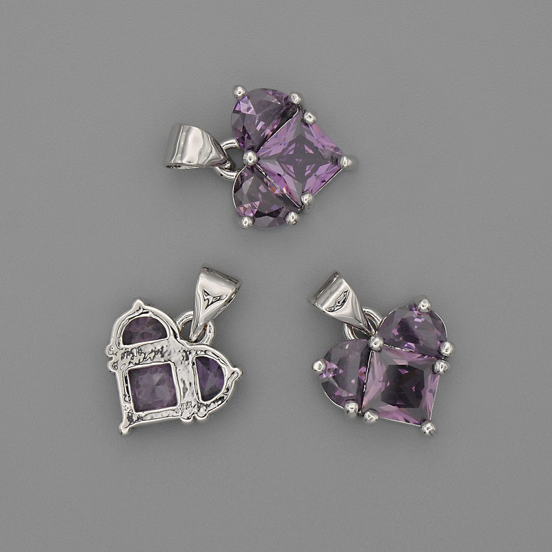 Heart Pendant with Purple Crystals, 12x12 mm, length 17 mm, Silver-Colored Metal