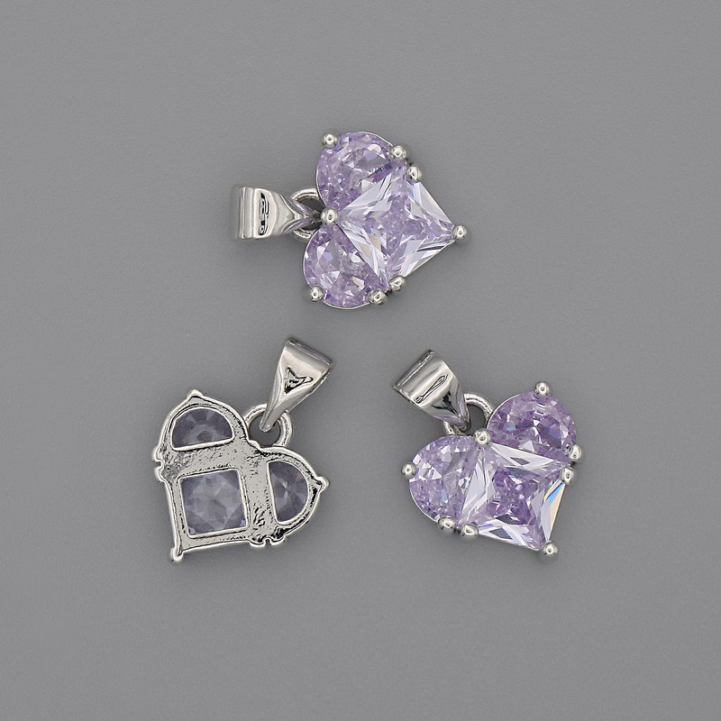 Heart-shaped pendant with light purple crystals, 12x12 mm, approx 17 mm long, silver-toned metal