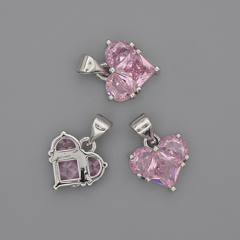 Heart Pendant with Pink Crystals, 12x12 mm, 17 mm length, silver-tone metal