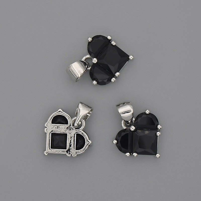 Heart Pendant with Black Crystals, 12x12 mm, 17 mm length, silver-colored metal