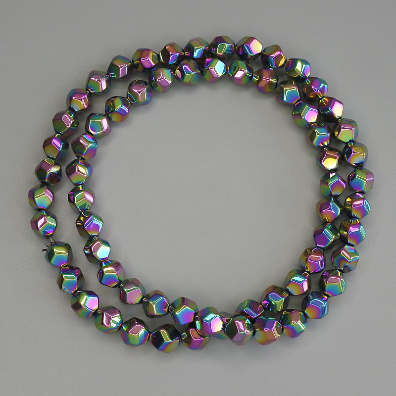 Rainbow hematite beads, faceted, 6x6 mm, on thread, length 40 cm