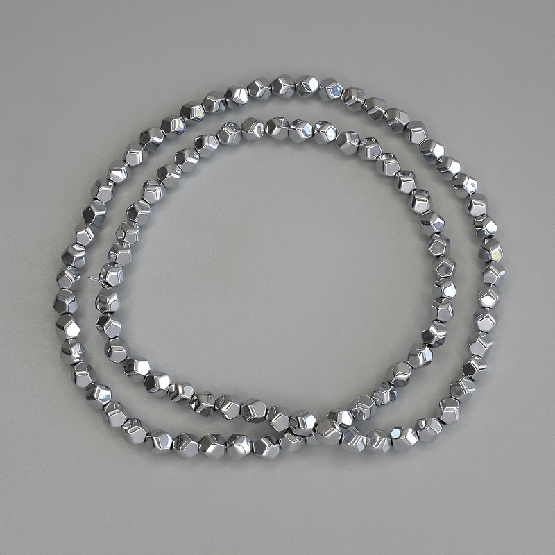 Hematite Beads, Silver Color, Faceted, 4x4 mm Diameter, on Beading Thread, Length 40 cm+