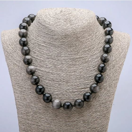 Natural Stone Necklace Silver Obsidian Smooth Bead, 14mm Diameter, 45cm+ Length